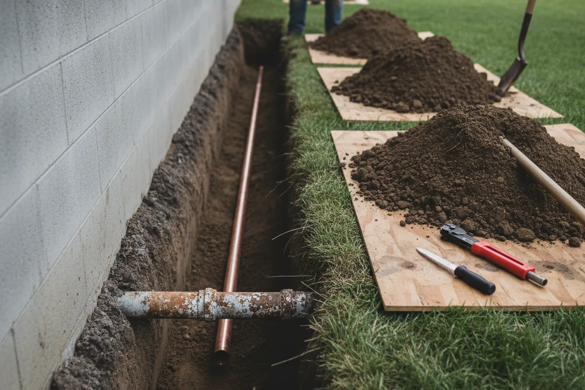 Excavated water line trench during Sewer Line Repair in Port Wentworth